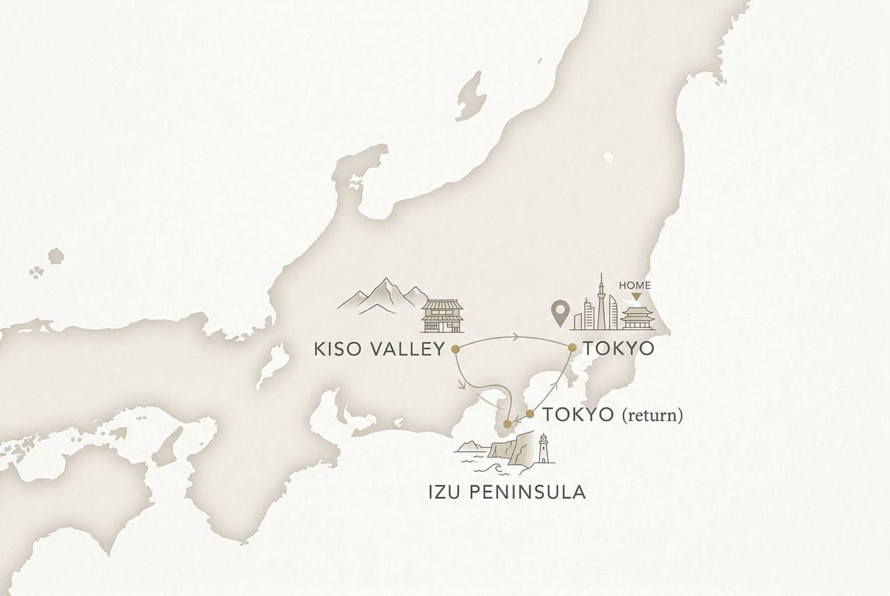 Japan trip summary map showing Tokyo, Kiso Valley, Izu Peninsula, and Tokyo return